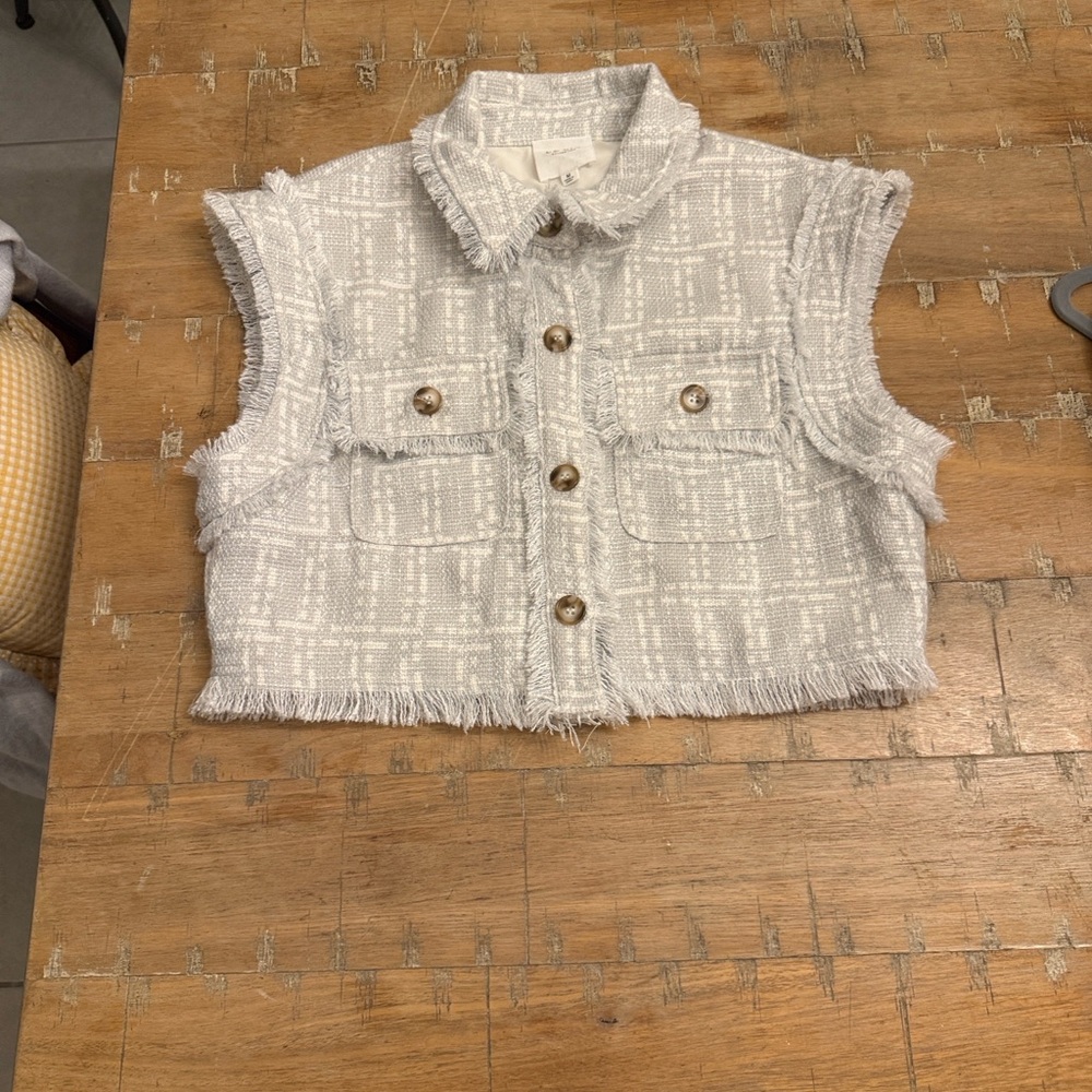 Le Lis White Tweed Fringed Cropped Vest